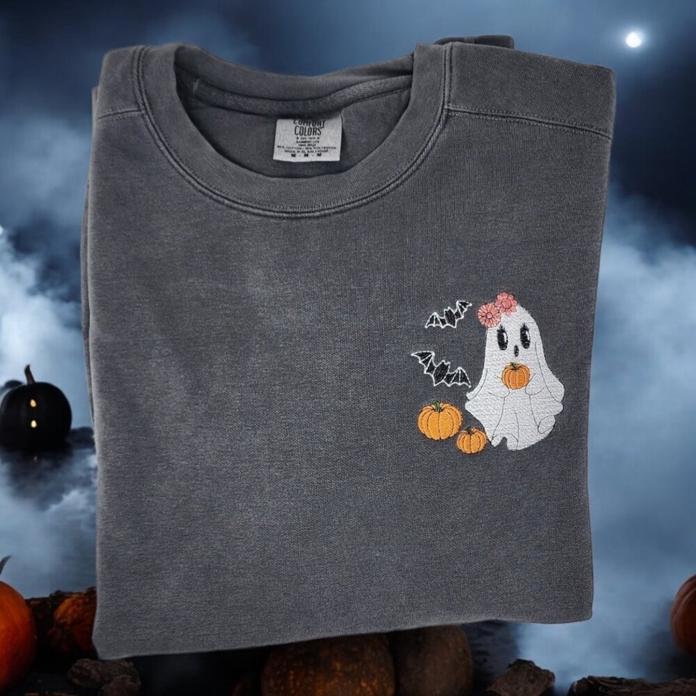Spooky Cute Ghost Embroidered Comfort Colors Sweatshirt | Halloween Crewneck